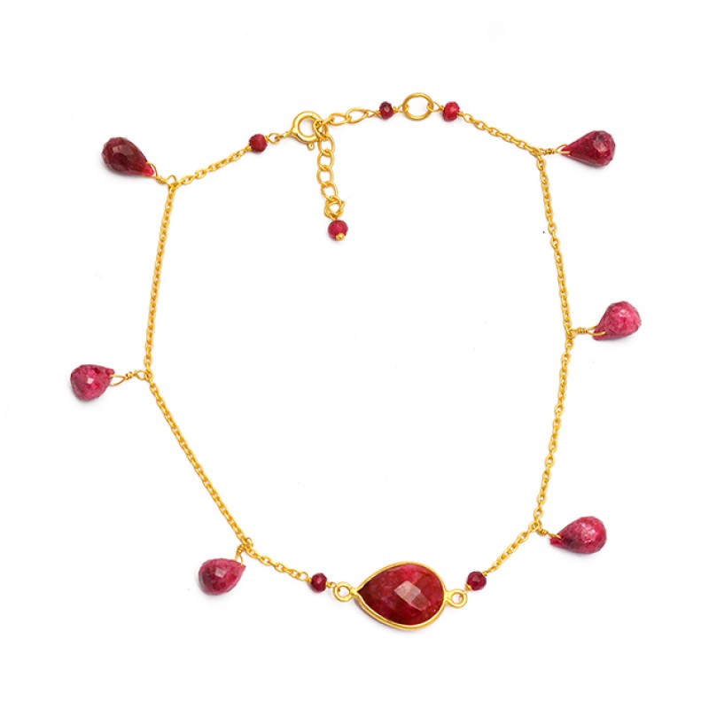 
									Ruby Pear Drops Roundel Beads Shape Gemstone 925 Sterling Silver Gold Plated Bracelet Jewelry