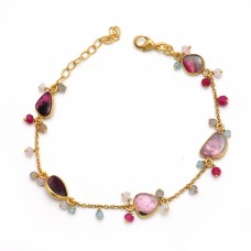 Multi Tourmaline Gemstone 925 Solid Silver Jewelry Gold Plated Bracelet