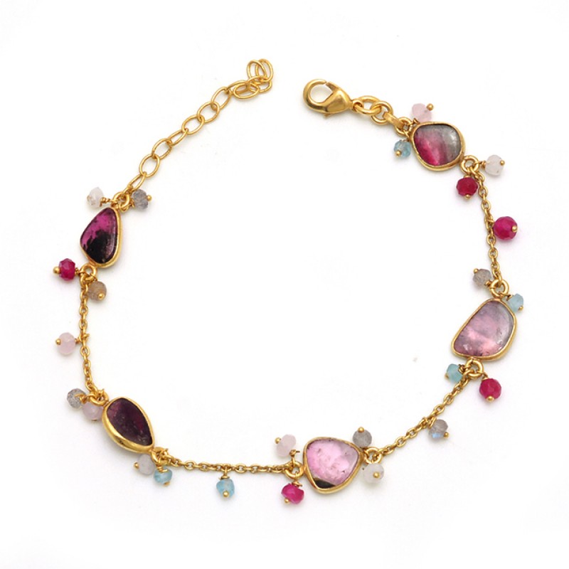 
									Multi Tourmaline Gemstone 925 Solid Silver Jewelry Gold Plated Bracelet