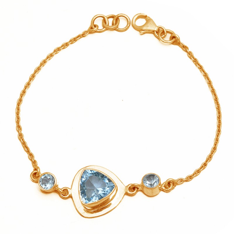 Handcrafted Triangle Round Shape Blue Topaz Gemstone 925 Sterling Silver Bracelet Jewelry