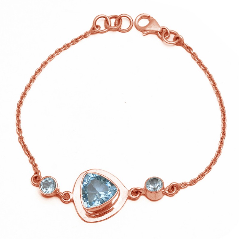 Handcrafted Triangle Round Shape Blue Topaz Gemstone 925 Sterling Silver Bracelet Jewelry