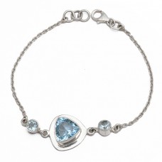 Handcrafted Triangle Round Shape Blue Topaz Gemstone 925 Sterling Silver Bracelet Jewelry