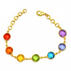 Bezel Setting Round Shape Briolette Gemstone 925 Sterling Silver Gold Plated Bracelet Jewelry