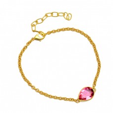 Pear Cut Pink Quartz Gemstone 925 Sterling Silver Gold Plated Bracelet Jewelry