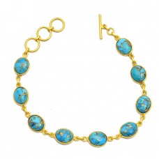 Cabochon Oval Blue Copper Turquoise Gemstone 925 Sterling Silver Gold Plated Bracelet Jewelry