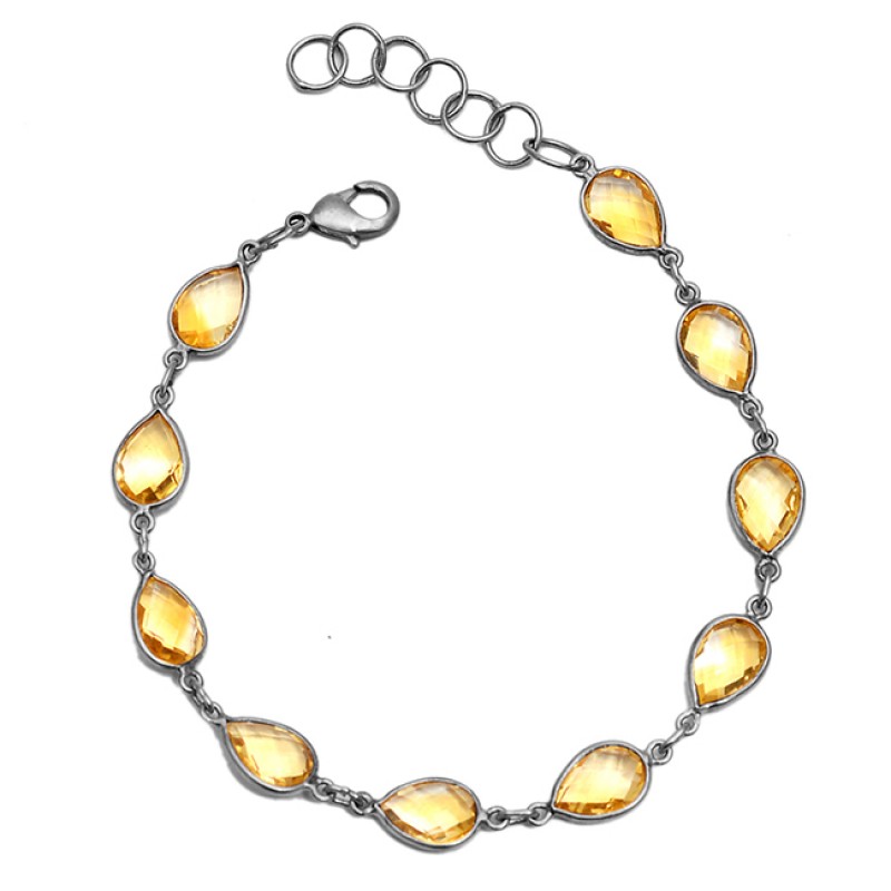 Briolette Pear Citrine Gemstone 925 Sterling Silver Bezel Setting Gold Plated Bracelet Jewelry