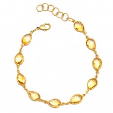 Briolette Pear Citrine Gemstone 925 Sterling Silver Bezel Setting Gold Plated Bracelet Jewelry