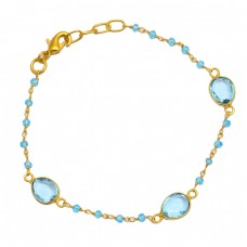 Roundel Beads Oval Blue Topaz Gemstone 925 Sterling Silver Gold Plated Bracelet Jewelry