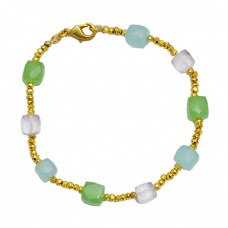 Cube Shape Prehnite Aqua Chalcedony Crystal Quatz Gemstone 925 Sterling Silver Gold Plated Bracelet Jewelry