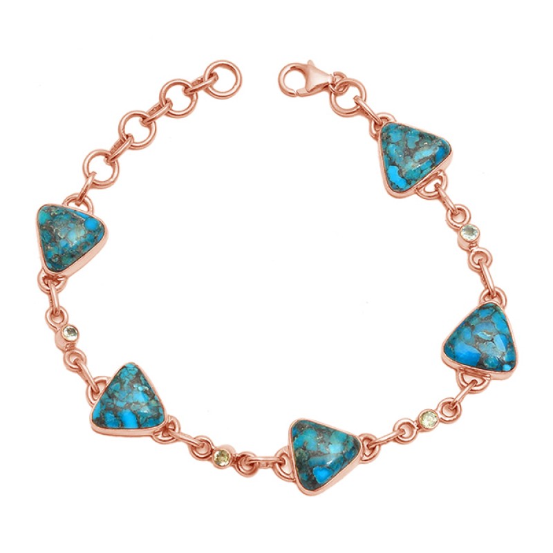 Triangle Shape Blue Copper Turquoise Gemstone 925 Sterling Silver Gold Plated Bracelet Jewelry