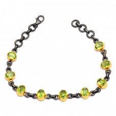 Faceted Oval Peridot Gemstone 925 Sterling Silver Black Rhodium Bracelet Jewelry