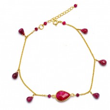 Pear Drops Roundel Beads Shape Ruby Gemstone 925 Sterling Silver Gold Plated Bracelet Jewelry