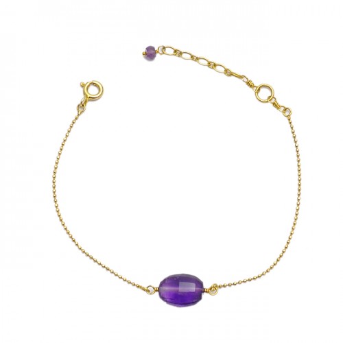 Purple Amethyst Gemstone 925 Sterling Silver Gold Plated Light Weight Bracelet Jewelry