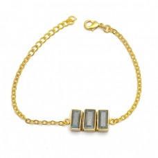 925 Sterling Silver Rectangle Shape Labradorite Gold Plated Bracelet Jewelry