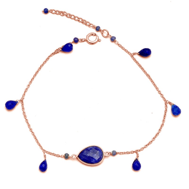 Pear Drops Roundel Beads Shape Blue Sapphire Gemstone 925 Sterling Silver Gold Plated Bracelet Jewelry