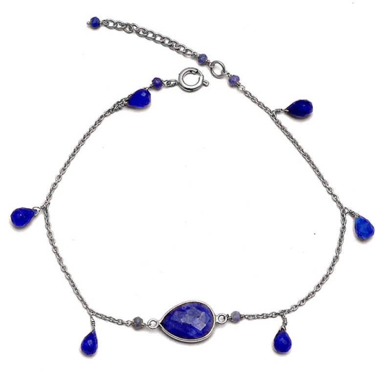 Pear Drops Roundel Beads Shape Blue Sapphire Gemstone 925 Sterling Silver Gold Plated Bracelet Jewelry