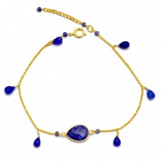 Pear Drops Roundel Beads Shape Blue Sapphire Gemstone 925 Sterling Silver Gold Plated Bracelet Jewelry