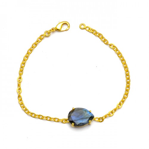 Faceted Pear Labradorite Gemstone Prong Setting 925 Sterling Silver Gold Plated Bracelet Jewelry