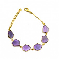 Fancy Shape Slice Amethyst Gemstone 925 Sterling Silver Gold Plated Bracelet Jewelry