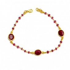 925 Sterling Silver Oval Roundel Beads Shape Garnet Gemstone Gold Plated Bracelet Jewelry