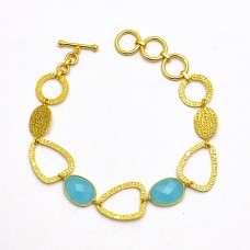 Stylish Designer Aqua Chalcedony Gemstone 925 Sterling Silver Gold Plated Bracelet Jewelry