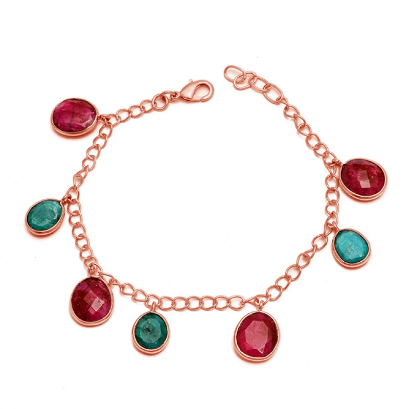 Oval Shape Ruby Emerald Gemstone 925 Sterling Silver Gold Plated Bracelet Jewelry