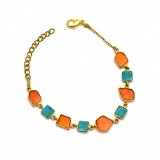 Fancy Shape Slice Turquoise Carnelian Gemstone 925 Sterling Silver Gold Plated Bracelet Jewelry