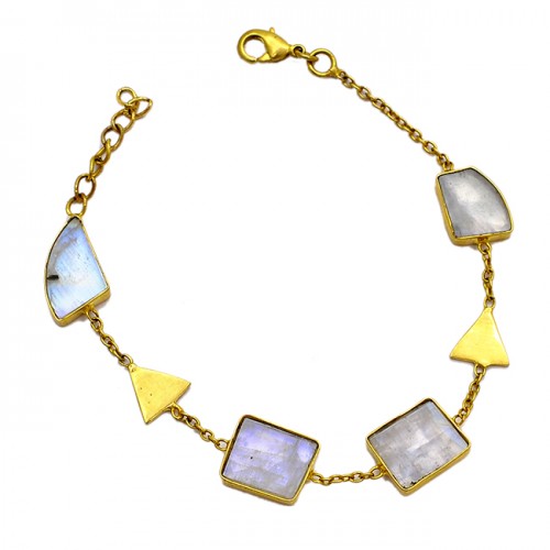 Fancy Shape Slice Rainbow Moonstone Gemstone 925 Sterling Silver Gold Plated Bracelet Jewelry
