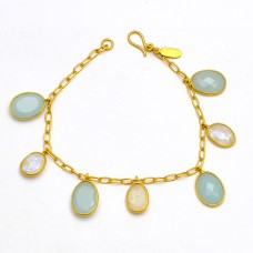 Oval Shape Chalcedony Rainbow Gemstone 925 Sterling Silver Gold Plated Bracelet Jewelry