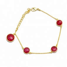 Round Briolette Ruby Gemstone 925 Sterling Silver Gold Plated Bezel Setting Bracelet Jewelry