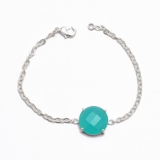 Aqua Chalcedony Round Shape Gemstone 925 Sterling Silver Prong Setting Bracelet Jewelry