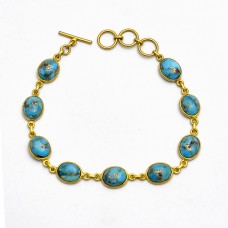 Bezel Setting Turquoise Oval Cabochon Gemstone 925 Sterling Silver Gold Plated Bracelet Jewelry