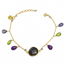 Round Pear Drops Labradorite Peridot Amethyst Gemstone 925 Sterling Silver Gold Plated Bracelet Jewelry