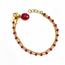 Oval Roundel Beads Ruby Gemstone 925 Sterling Silver Gold Plated Bracelet Jewelry