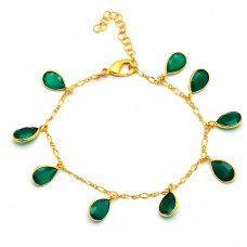 Pear Shape Green Onyx Gemstone 925 Sterling Silver Gold Plated Bracelet