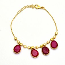 Oval Shape Ruby Gemstone 925 Sterling Silver Gold Plated Bracelet