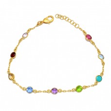 Round Shape Multi Color Gemstone 925 Sterling Silver Gold Plated Bracelet