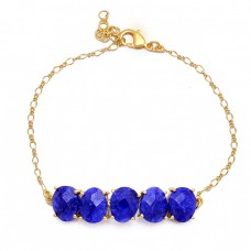 Oval Shape Sapphire Gemstone 925 Sterling Silver Gold Plated Bracelet