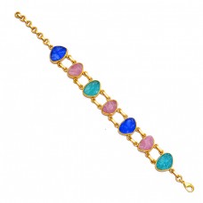 Multi Color Rough Gemstone 925 Sterling Silver Gold Plated Bracelet