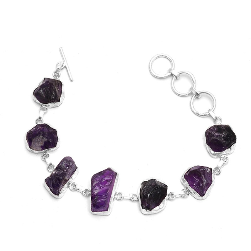 Raw Material Amethyst rough Gemstone Handcrafted 925 Sterling Silver Bracelet Jewelry