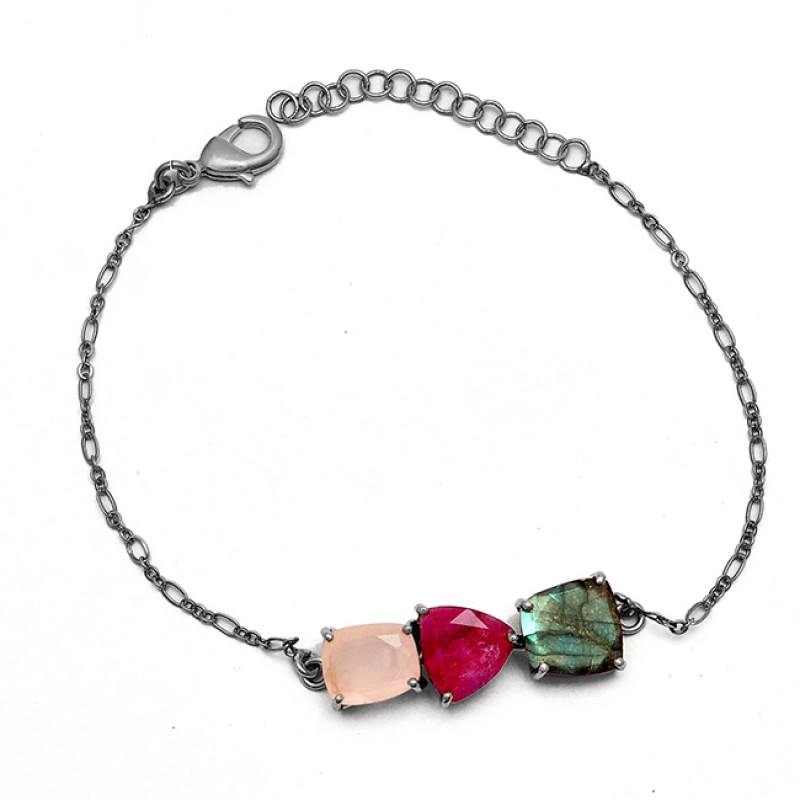 Ruby Labradorite Chalcedony Gemstone 925 Sterling Silver Bracelet