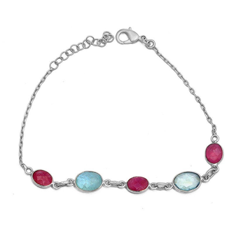 Oval Shape Ruby Aquamarine Gemstone 925 Sterling Silver Bracelet