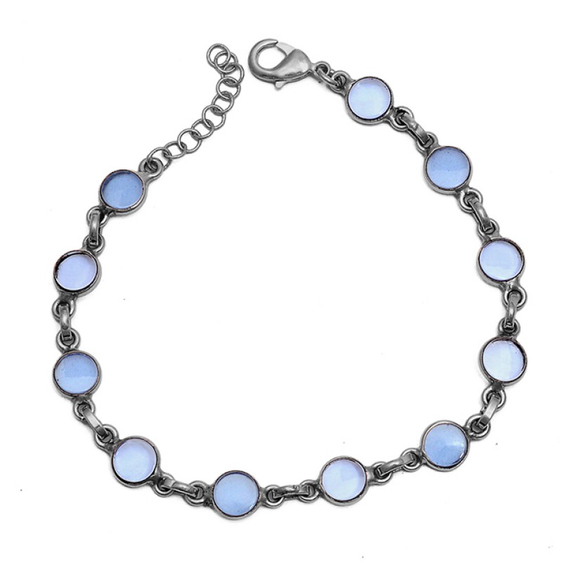 Round Shape Blue Chalcedony Gemstone 925 Sterling Silver Bracelet