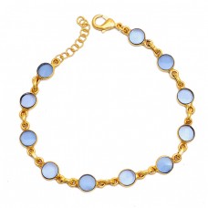 Round Shape Blue Chalcedony Gemstone 925 Sterling Silver Bracelet