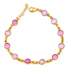 Round Shape Pink Quartz Gemstone 925 Sterling Silver Gold Plated Bracelet