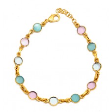 Aqua Rose Color Chalcedony Gemstone 925 Sterling Silver Gold Plated Bracelet