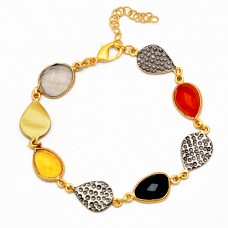 Smoky Citrine Onyx Quartz Gemstone 925 Sterling Silver Gold Plated Bracelet