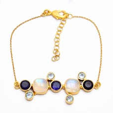 Sapphire Topaz Moonstone 925 Sterling Silver Gold Plated Bracelet 