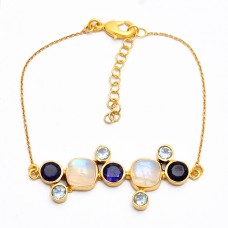 Sapphire Topaz Moonstone 925 Sterling Silver Gold Plated Bracelet 