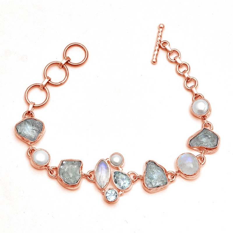Aquamarine Rainbow Moonstone Blue Topaz Pearl Gemstone 925 Sterling Silver Bracelet Jewelry